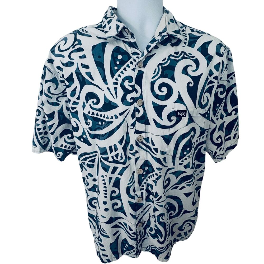 RIX Hawaii USA Mens Swirl Print Button Down Shirt Cotton Hippie Mod Hawaiian XL